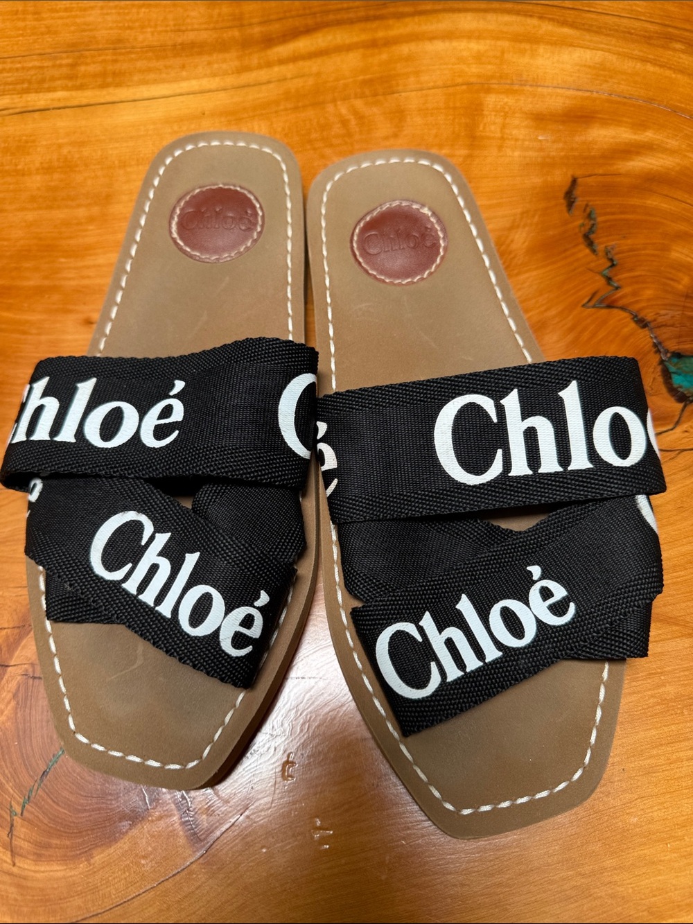 Chloé Woody Flat Logo Ribbon Slide Sandals